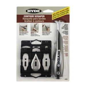 Hyde Contour Scraper Kit in package, six shaped stainless blades and a chrome handle