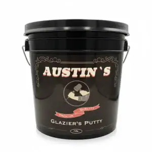Austin's Glazier's Putty, black pail with cream label and shield logo, 1 gallon