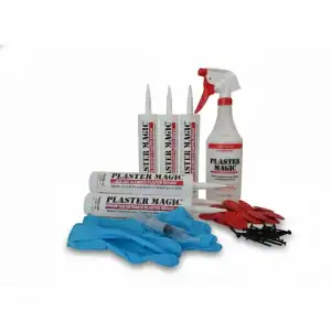 Plaster Magic repair kit: three caulk tubes, spray bottle, gloves, screws and clamps