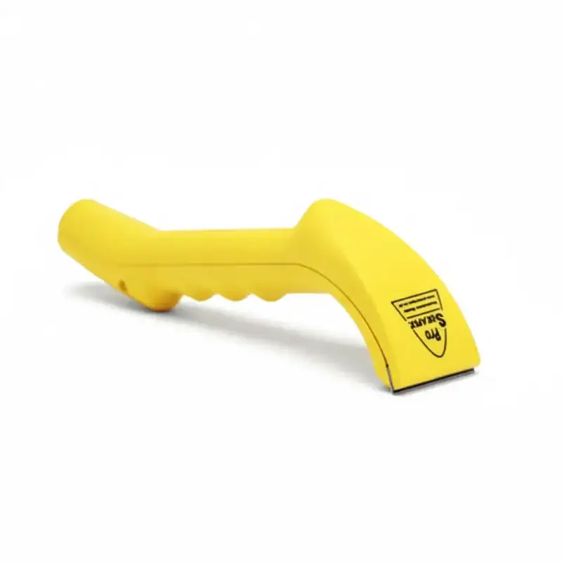 The ProScraper, a yellow ergonomic vacuum-scraper handle with a carbide tip