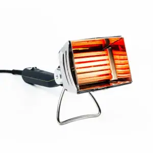 Speedheater Cobra infrared paint stripper, chrome head with glowing orange lamps and a wire stand