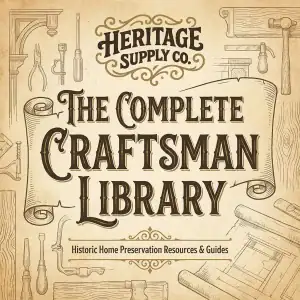 The Complete Craftsman Library digital cover, vintage tan graphic with old tools and scrolls