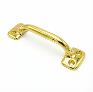 Polished brass bar lift handle with two flat mounting plates and screw holes