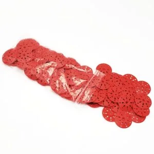 Bagged set of red perforated plaster clamp washers in clear plastic packaging