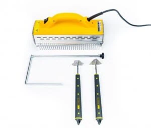 Speedheater Standard 1100 infrared paint stripper, yellow unit with two long-handled scrapers