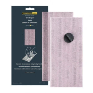 Speedheater grinding kit with two ceramic abrasive sheets and a round black blade holder