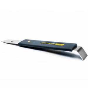Speedheater putty scraper, a flat-blade knife with black handle and bent metal heel