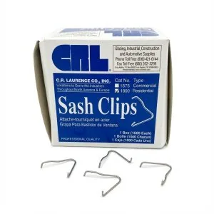 CRL #1800 steel sash clips, blue and white box with loose spring clips in front