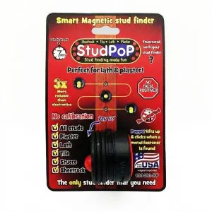 StudPop magnetic stud finder on red blister card, lath and plaster, made in USA