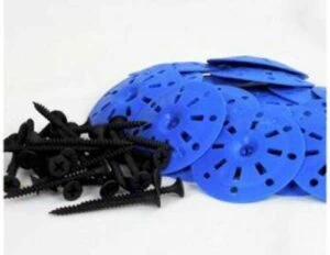 Blue perforated plaster washers and black drywall screws in a loose pile