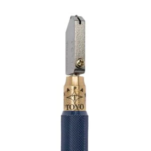 Sharp utility knife with metal and blue handle for window restoration projects.