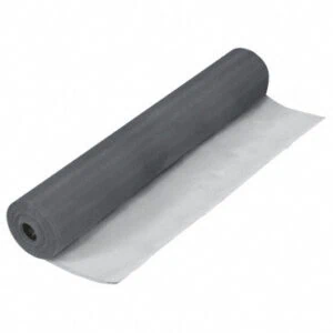 Roll of gray aluminum screen wire partly unrolled on a white background