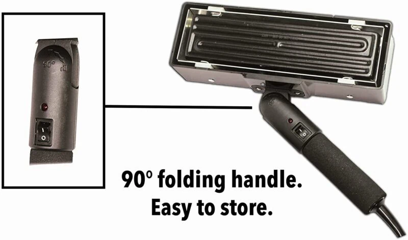 IR Paint Stripper head and handle with a red power light, captioned Simple one click power button