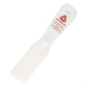 White plastic Abatron putty knife with a flexible flat blade and hang hole