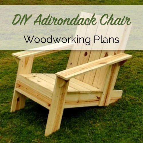 DIY Adirondack Chair Woodworking Plans cover with a finished pine chair on grass
