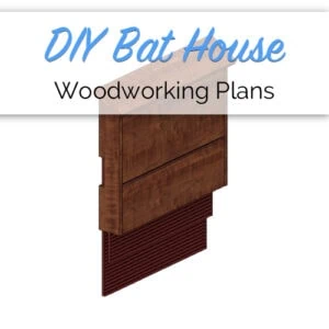 DIY Bat House Woodworking Plans cover with a 3D rendering of a wood bat house