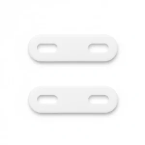 Two white plastic sash lock shims, each a flat strip with two slotted screw holes