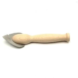 Sash saw with a curved toothed steel blade set into a turned wooden handle