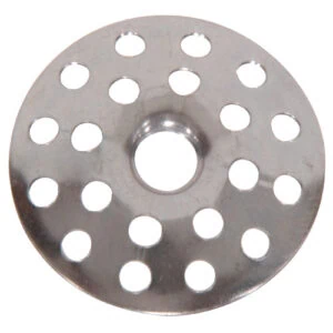 Round zinc-plated plaster washer, perforated with holes and a raised center hole
