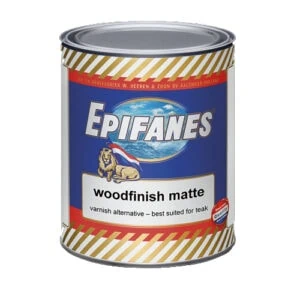 Epifanes Woodfinish Matte varnish tin, blue label with lion crest, best suited for teak