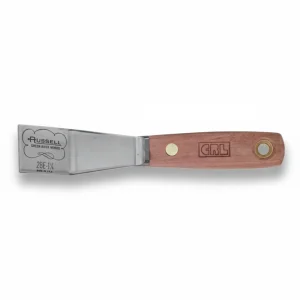 Russell bent putty knife with rosewood handle and bright steel blade, CRL branded