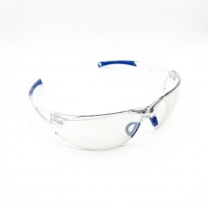 Frameless clear safety glasses with blue-tipped temple arms