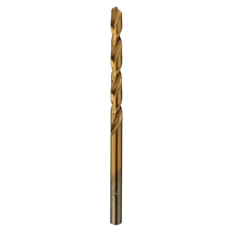 Single titanium-coated gold twist drill bit standing upright on white