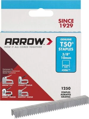 Arrow #506 T50 staples box, blue and white, 3/8 in 10mm, 1250 count