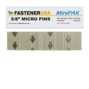 FastenerUSA 5/8 in micro pins, 304 stainless 23-gauge headless, MiniPAK box with strip of pins
