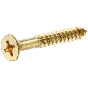 Solid brass Phillips flat head wood screw, single screw shown close up