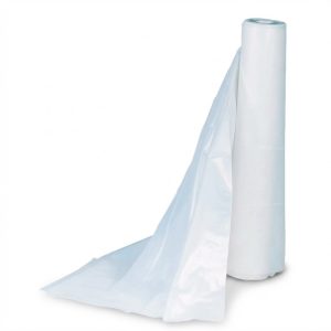 Roll of clear 4 mil plastic sheeting with a length draped out across the floor