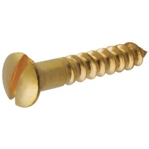 Single slotted brass wood screw with an oval head and coarse threads