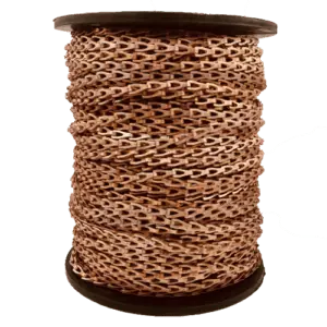 Spool of copper-coated #8 sash chain with flat interlocking links wound on a wood reel