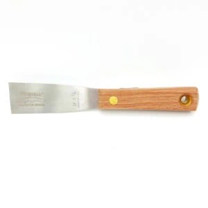 Chisel with wooden handle and steel blade for window restoration tasks.