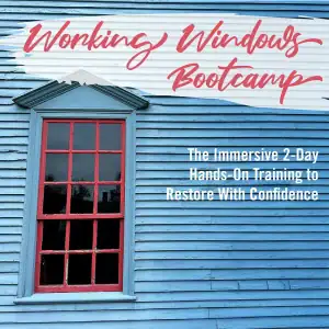 Working Windows Bootcamp cover over a blue clapboard wall with a red-trimmed window
