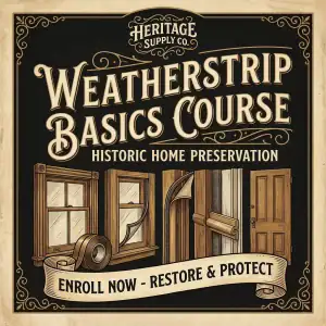 Weatherstrip Basics Course cover with ornate frame showing windows, a door, and weatherstrip rolls