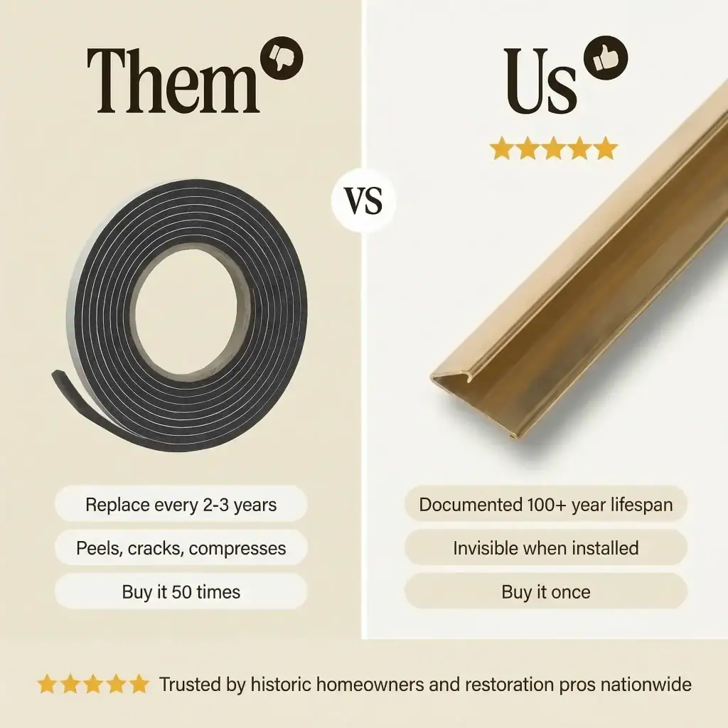 Them vs Us comparison: black foam weatherstrip coil beside bronze V-strip with feature lists