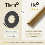 Them vs Us comparison: black foam weatherstrip coil beside bronze V-strip with feature lists