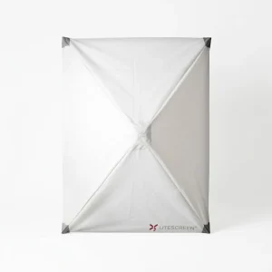Litescreen window umbrella assembled, front view, with its four poles crossing at the center